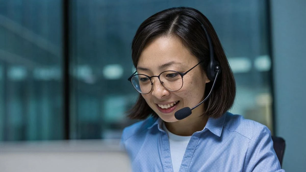 New SaaS sales rep in glasses smiling on a headset call