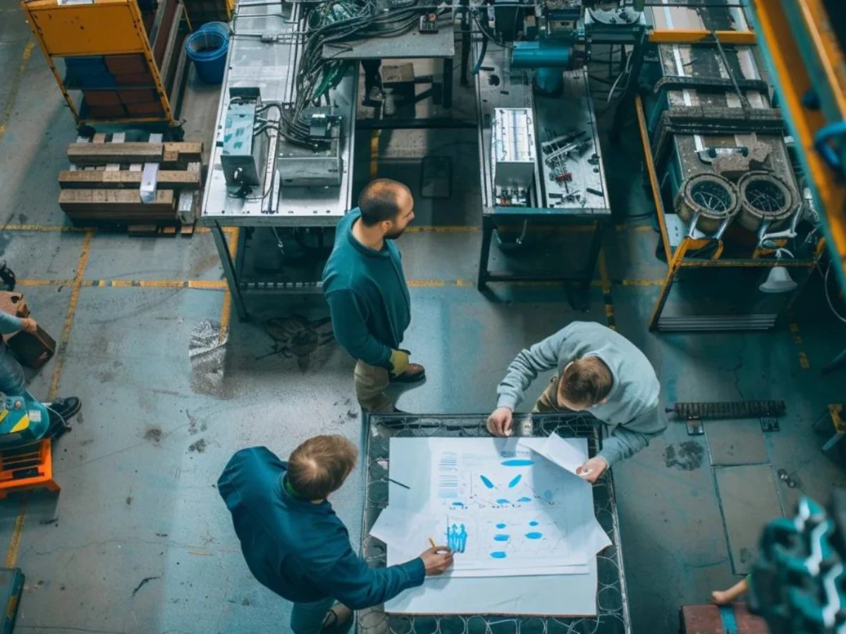 The Acerta team reviewing production data on a manufacturing floor