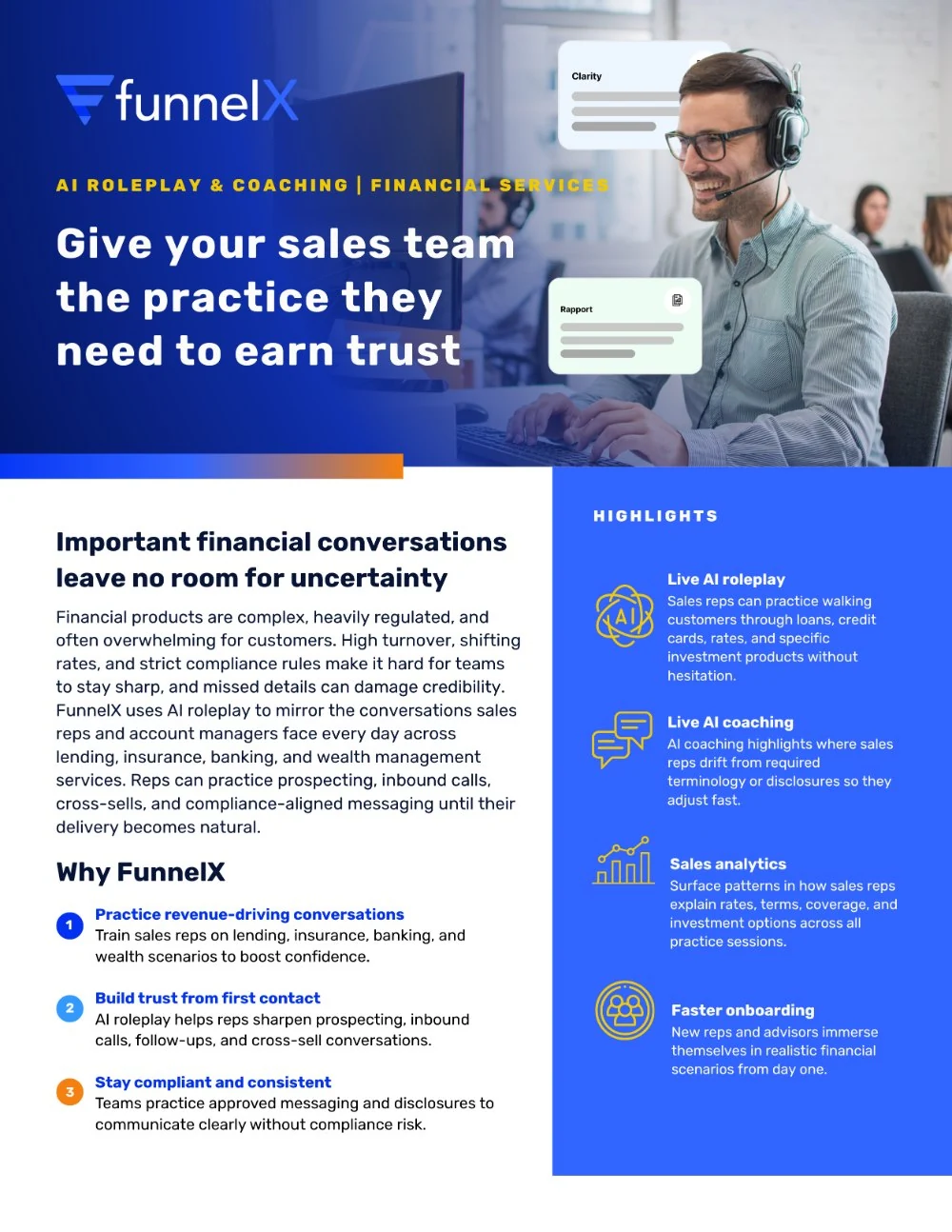 FunnelX financial services datasheet: give your sales team the practice they need to earn trust