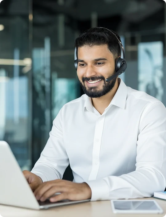 Insurance agent on a call in a bright office