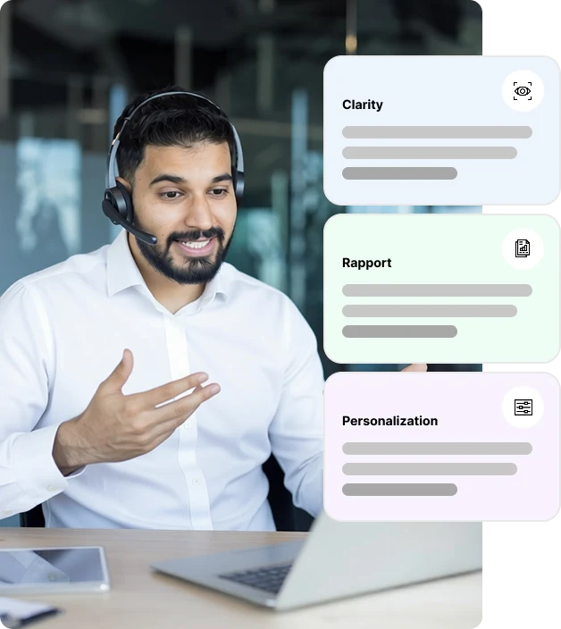 Rep on a call with live coaching cards for clarity, rapport, and personalization